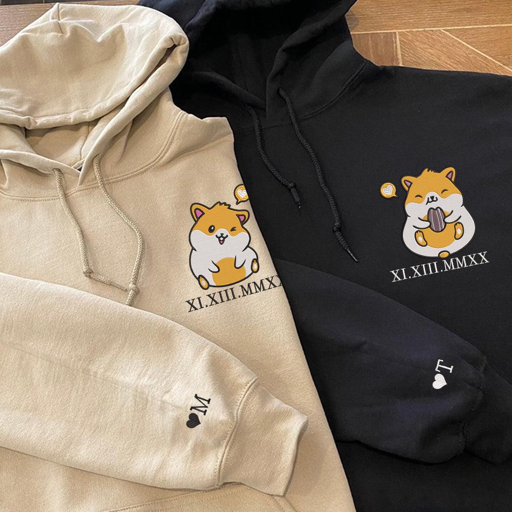 Cute Hamsters Custom Roman Numeral Matching Embroidered Hoodies For Couples
