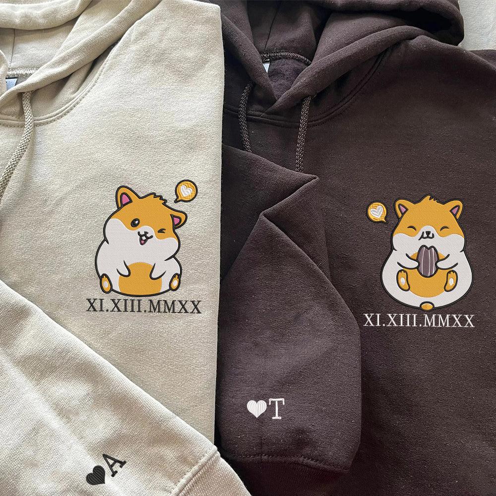 Cute Hamsters Custom Roman Numeral Matching Embroidered Hoodies For Couples