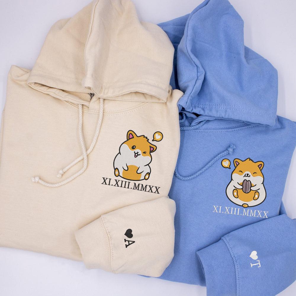 Cute Hamsters Custom Roman Numeral Matching Embroidered Hoodies For Couples
