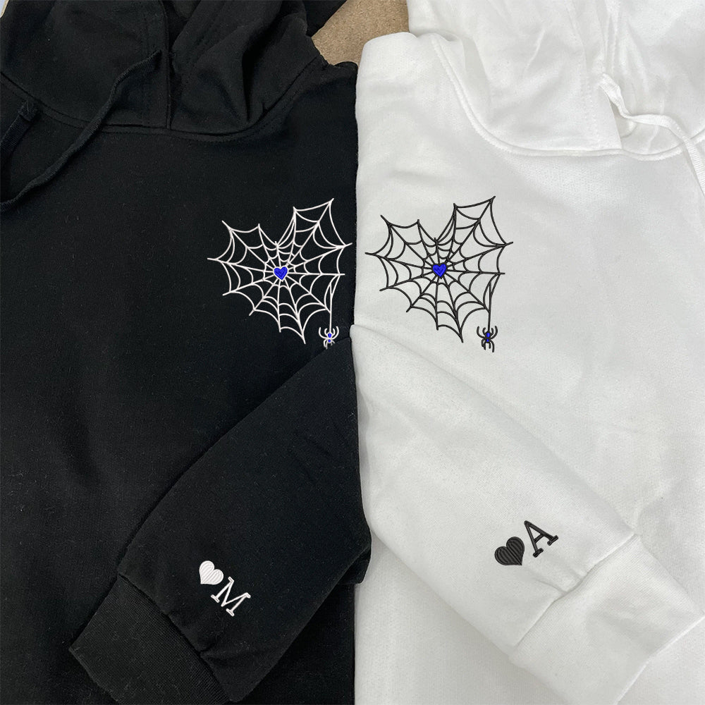 Heart Spider Web Custom Embroidered Matching Hoodies For Couples - Perfect for Cozy Couples Gifts