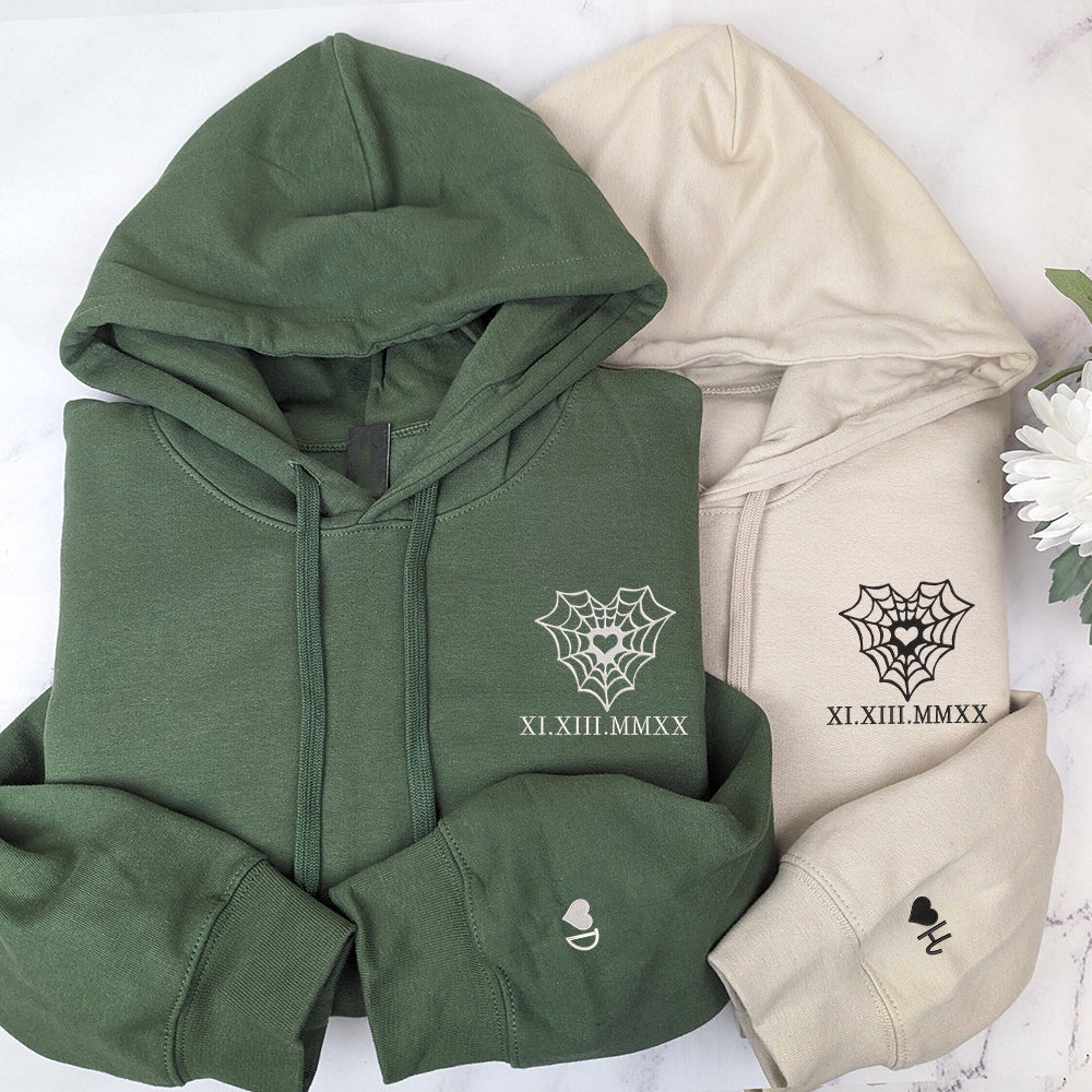 Heart Web Custom Roman Numeral Matching Embroidered Hoodies For Couples - Perfect for Cozy Couples Gifts