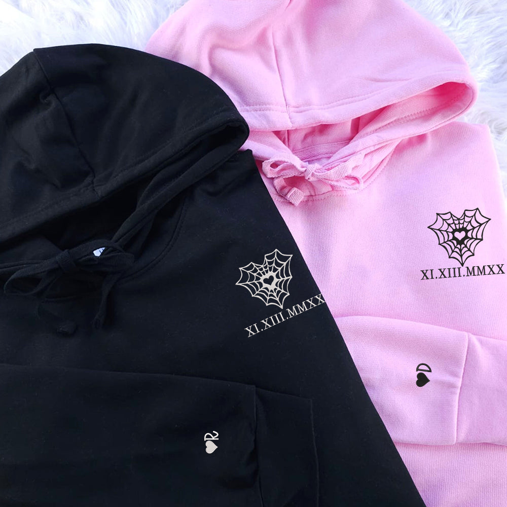 Heart Web Custom Roman Numeral Matching Embroidered Hoodies For Couples - Perfect for Cozy Couples Gifts