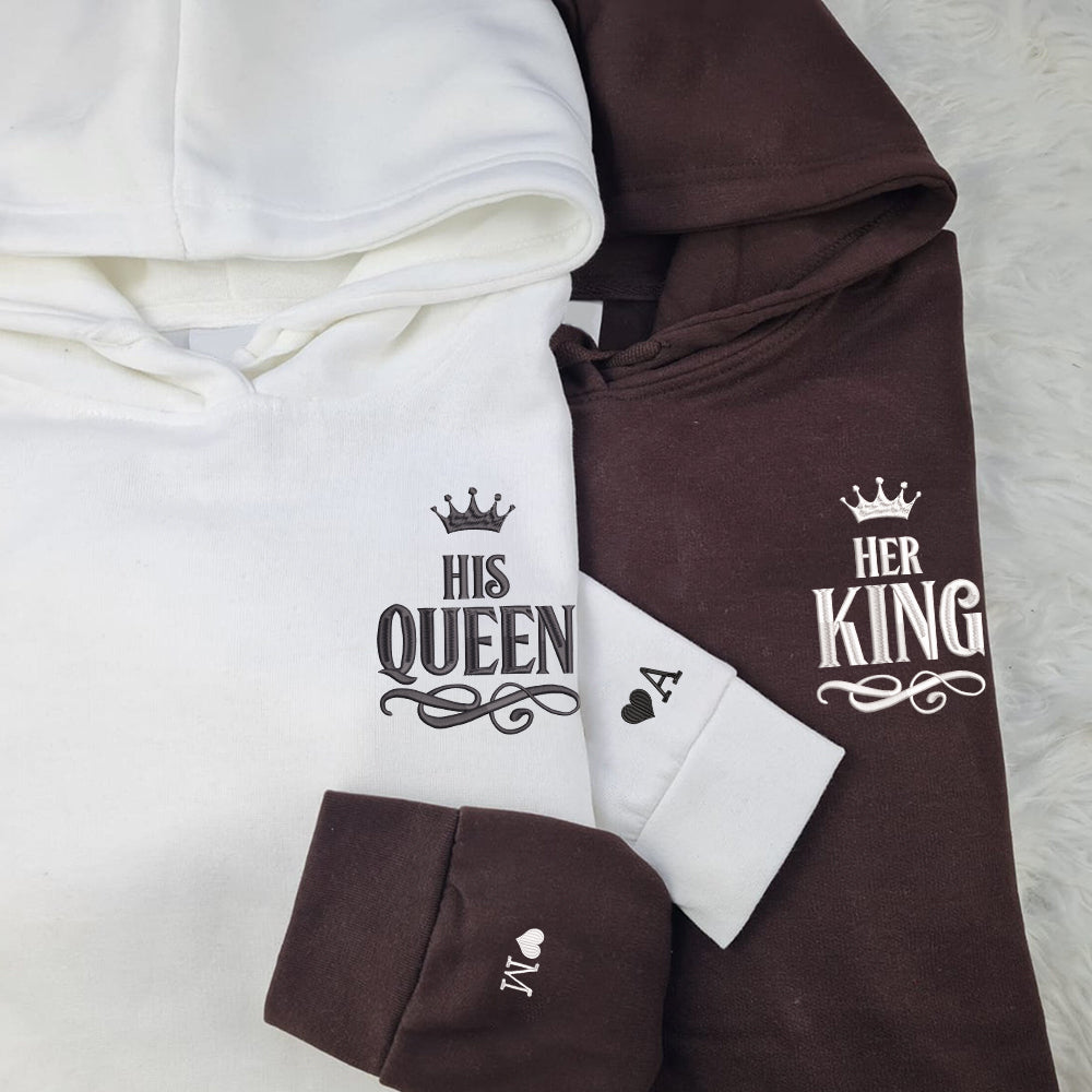 Her King x His Queen Custom Embroidered Matching Hoodies For Couples - Perfect for Cozy Couples Gifts