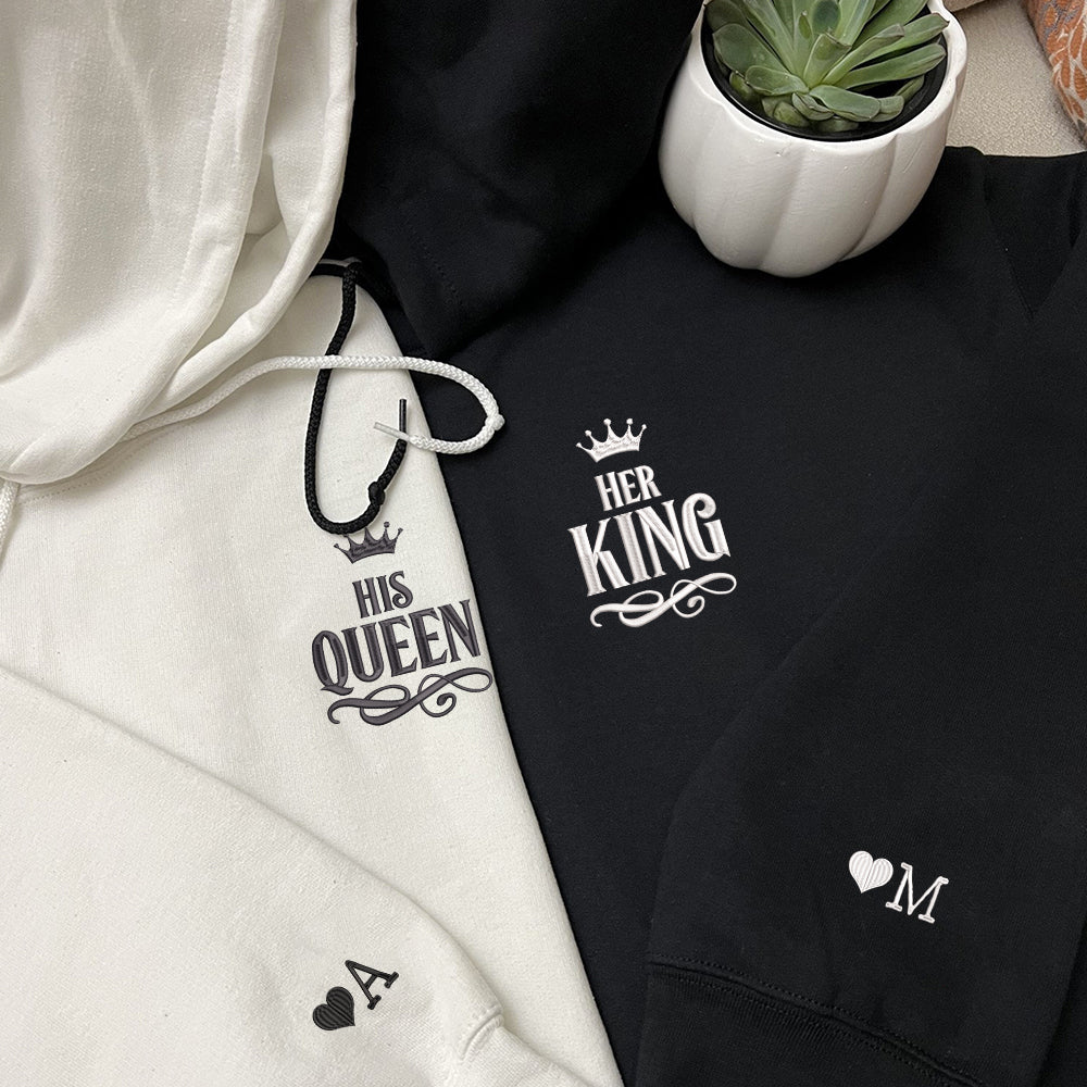 Her King x His Queen Custom Embroidered Matching Hoodies For Couples - Perfect for Cozy Couples Gifts