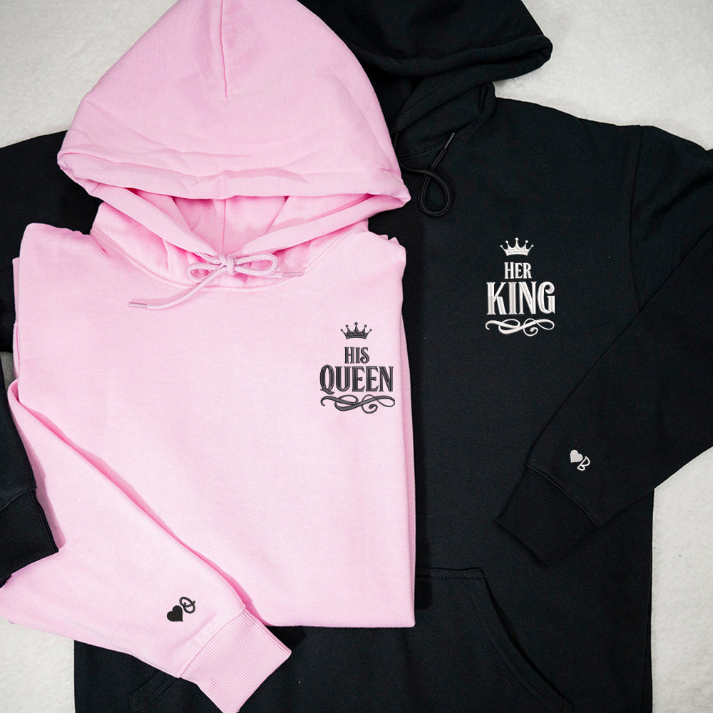 Her King x His Queen Custom Embroidered Matching Hoodies For Couples - Perfect for Cozy Couples Gifts