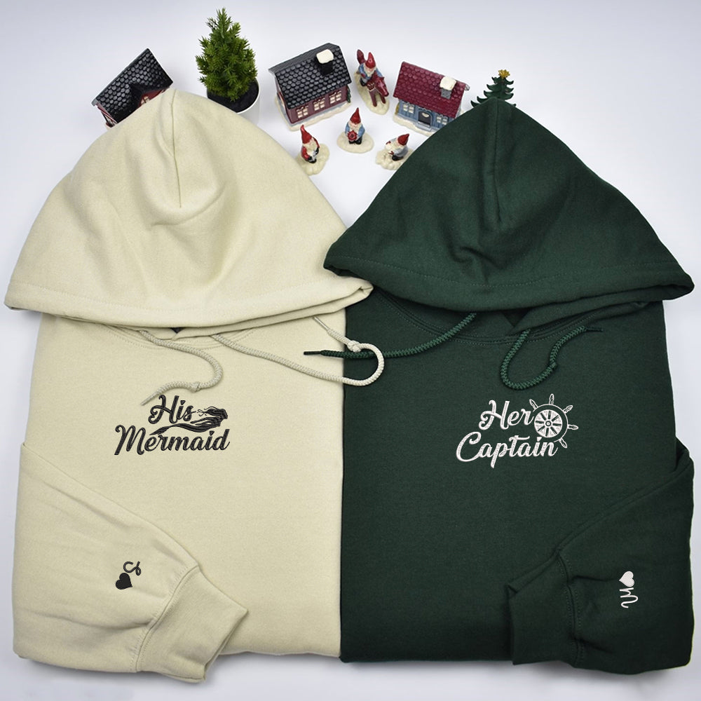 His Mermaid Her Captain Custom Embroidered Matching Hoodies For Couples - Perfect for Cozy Couples Gifts