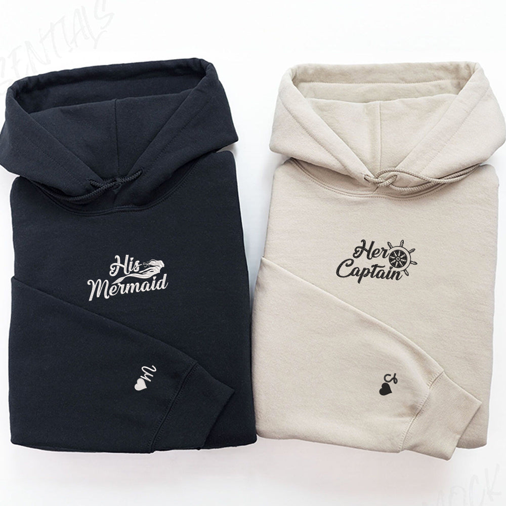 His Mermaid Her Captain Custom Embroidered Matching Hoodies For Couples - Perfect for Cozy Couples Gifts