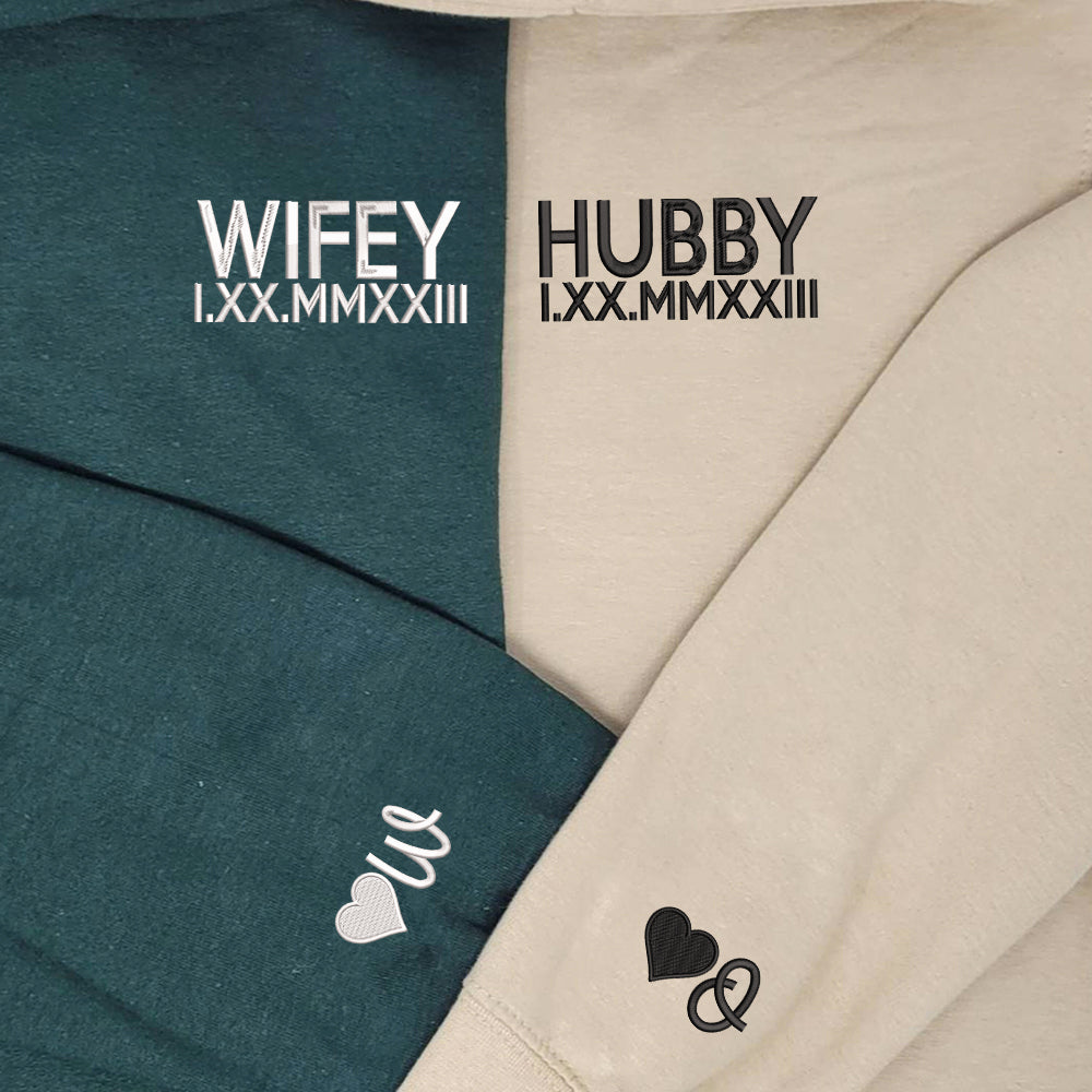 Hubby x Wifey Chest Custom Embroidered Matching Hoodies For Couples