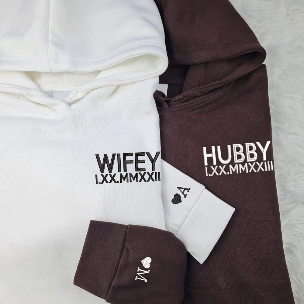 Hubby x Wifey Chest Custom Embroidered Matching Hoodies For Couples