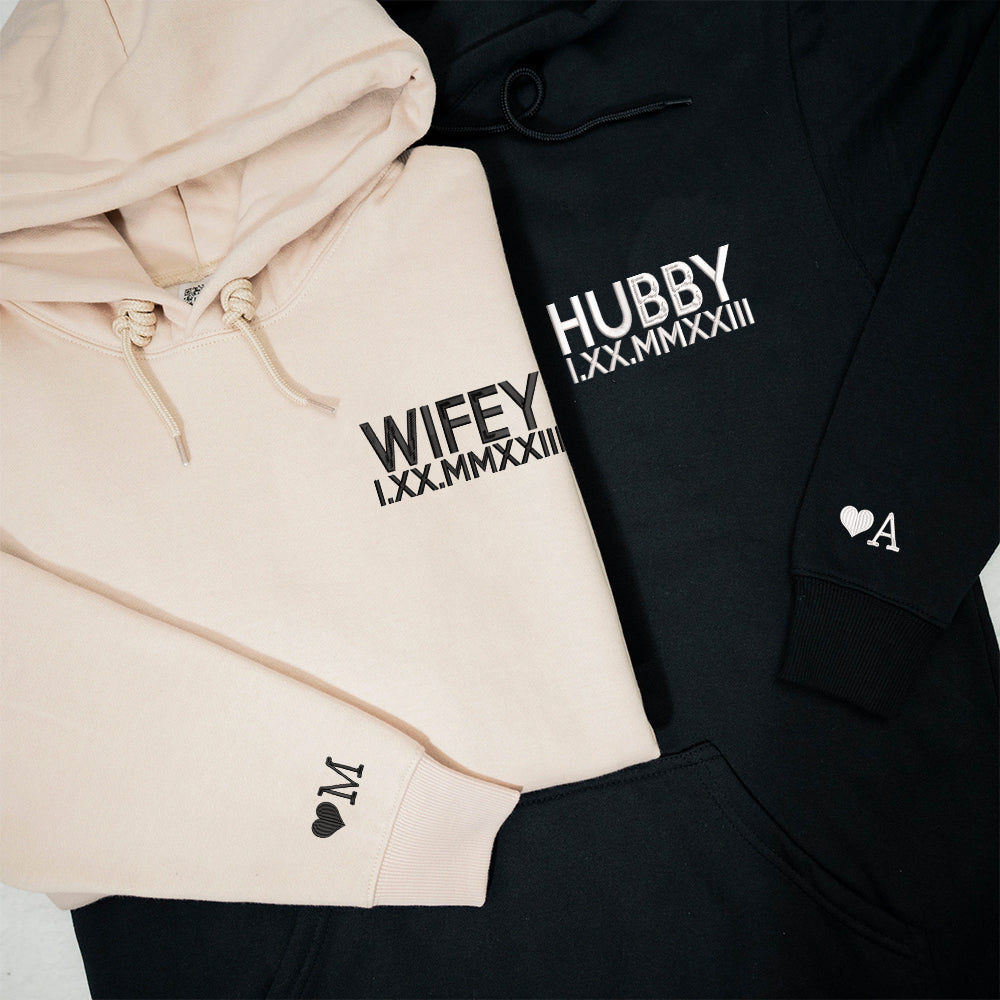 Hubby x Wifey Chest Custom Embroidered Matching Hoodies For Couples