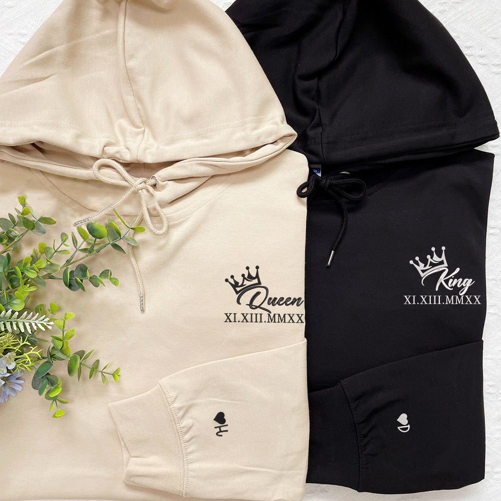 King x Queen Crown Custom Roman Numeral Matching Embroidered Hoodies For Couples - Perfect for Cozy Couples Gifts