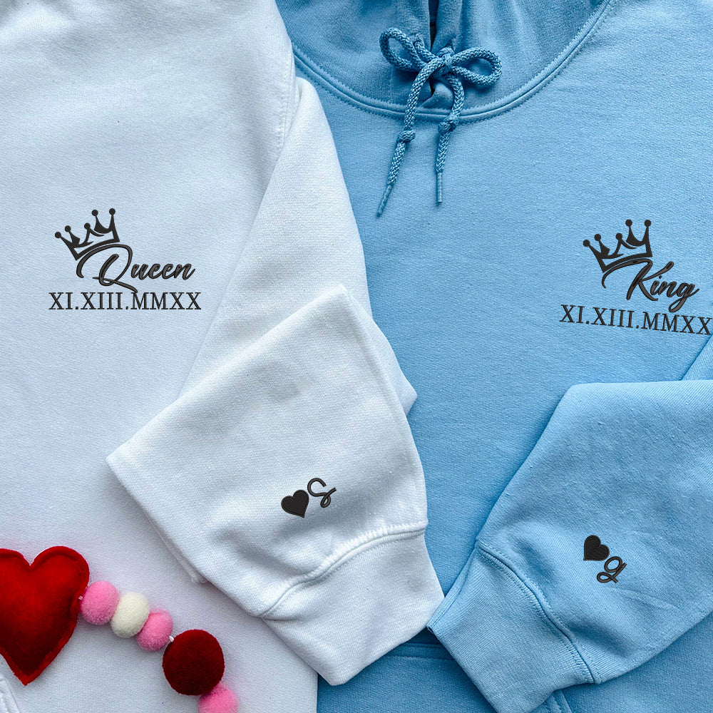 King x Queen Crown Custom Roman Numeral Matching Embroidered Hoodies For Couples - Perfect for Cozy Couples Gifts