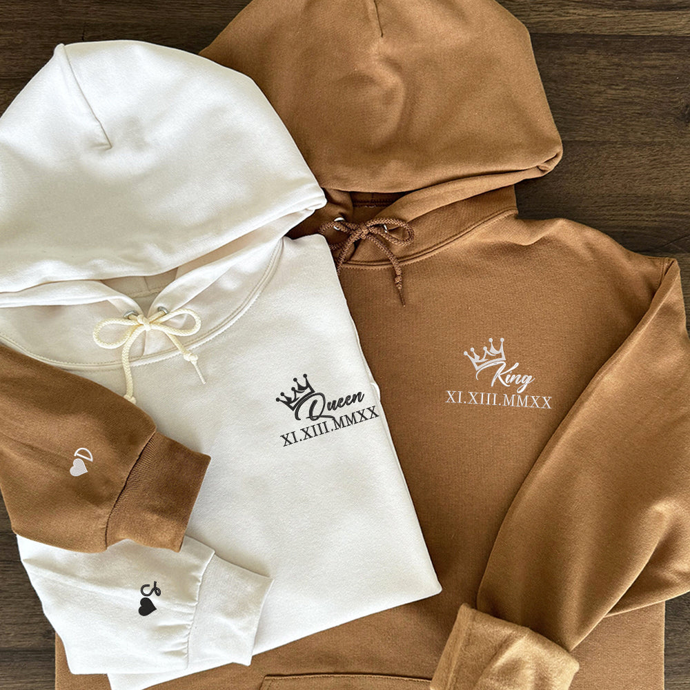 King x Queen Crown Custom Roman Numeral Matching Embroidered Hoodies For Couples - Perfect for Cozy Couples Gifts