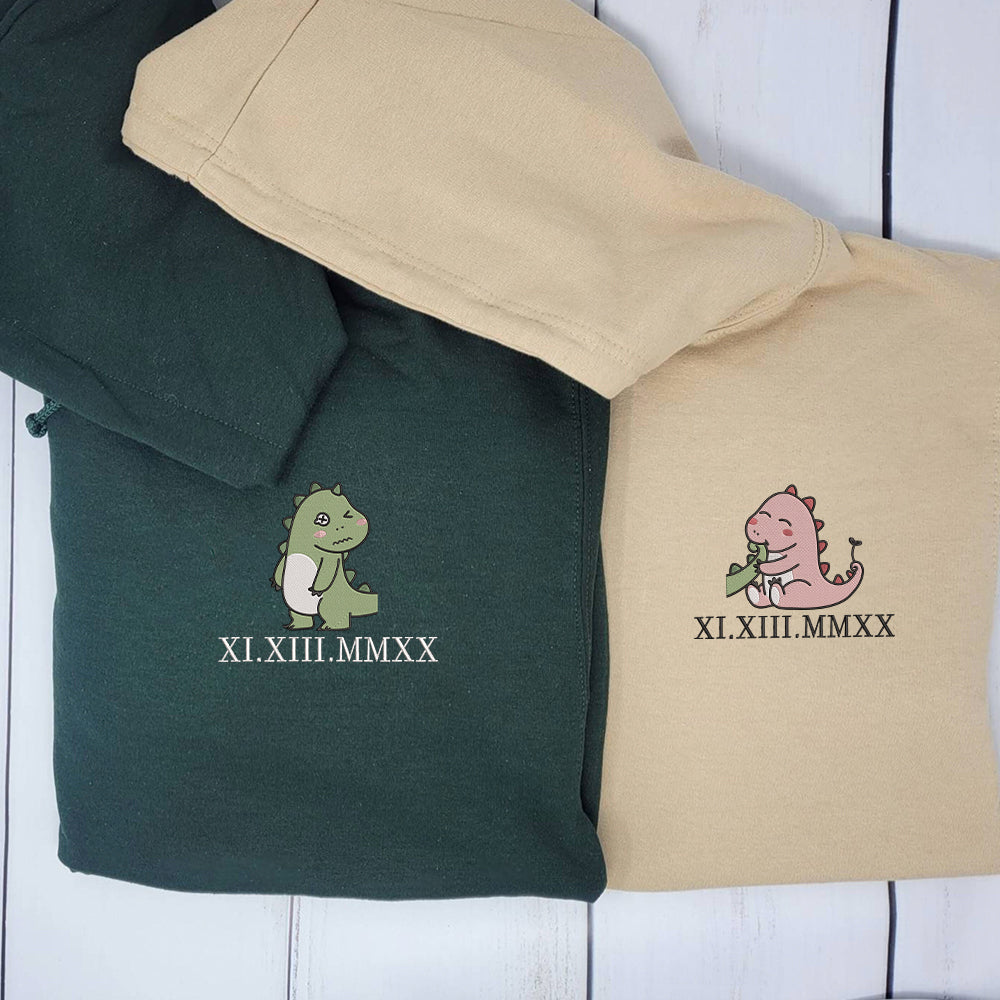 Lovely Couple Dinosaur Custom Roman Numeral Matching Embroidered Hoodies For Couples - Perfect for Cozy Couples Gifts