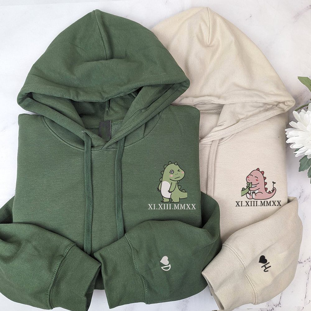 Lovely Couple Dinosaur Custom Roman Numeral Matching Embroidered Hoodies For Couples - Perfect for Cozy Couples Gifts