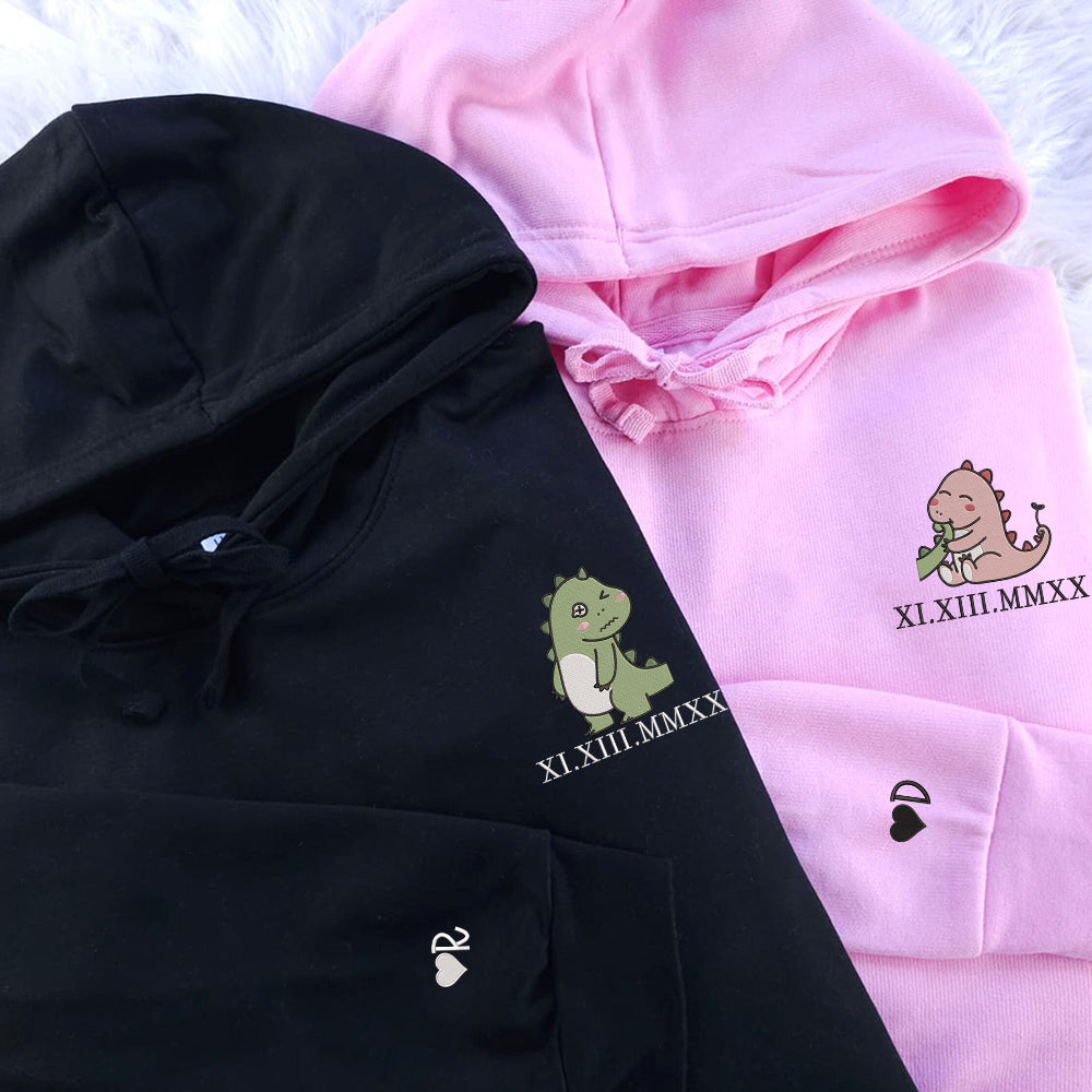 Lovely Couple Dinosaur Custom Roman Numeral Matching Embroidered Hoodies For Couples - Perfect for Cozy Couples Gifts